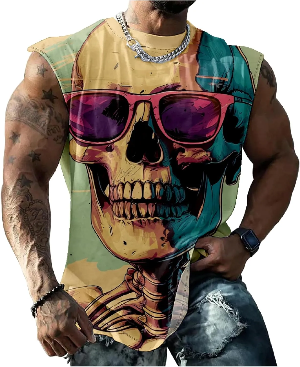 HOTYD Skull Print Graphic Tank Tops for Men Sleeveless Casual Cotton Shirts Big and Tall Muscle Shirts Bodybuilding Tank Tops