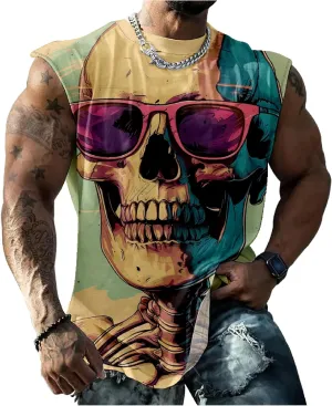 HOTYD Skull Print Graphic Tank Tops for Men Sleeveless Casual Cotton Shirts Big and Tall Muscle Shirts Bodybuilding Tank Tops