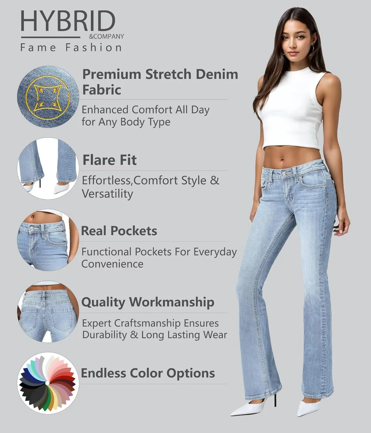 Hybrid & Company Women's Flare Mid Rise Jeans Trendy Stretchy Denim Pants with Pockets
