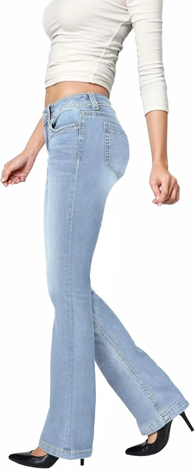 Hybrid & Company Women's Flare Mid Rise Jeans Trendy Stretchy Denim Pants with Pockets