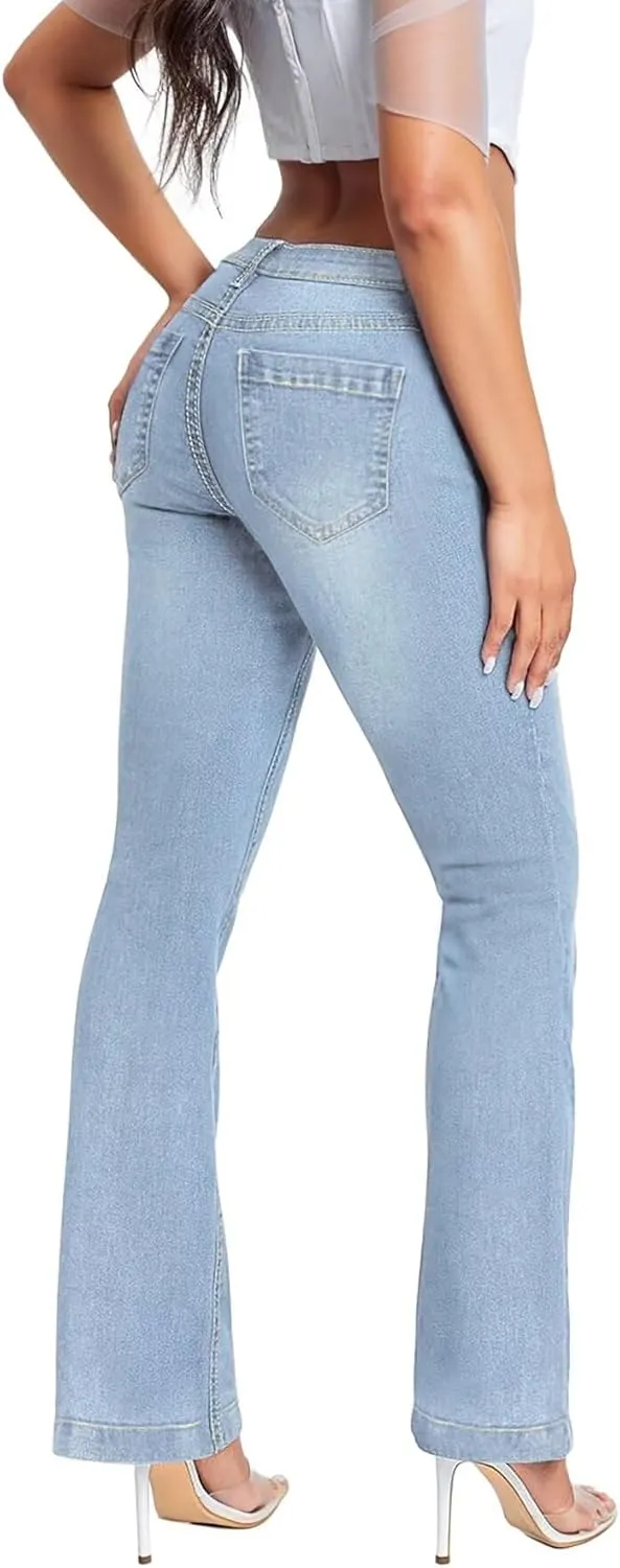 Hybrid & Company Women's Flare Mid Rise Jeans Trendy Stretchy Denim Pants with Pockets
