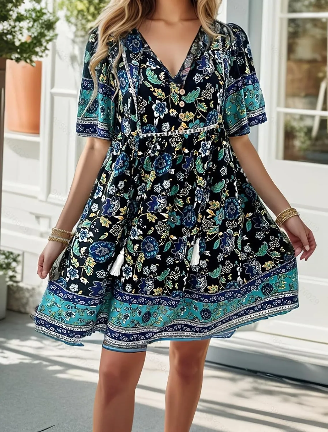 IVERIRMIN Women's Boho Floral Print Short Dress Casual Bohemian V Neck Short Sleeve Beach Vacation Mini Dresses