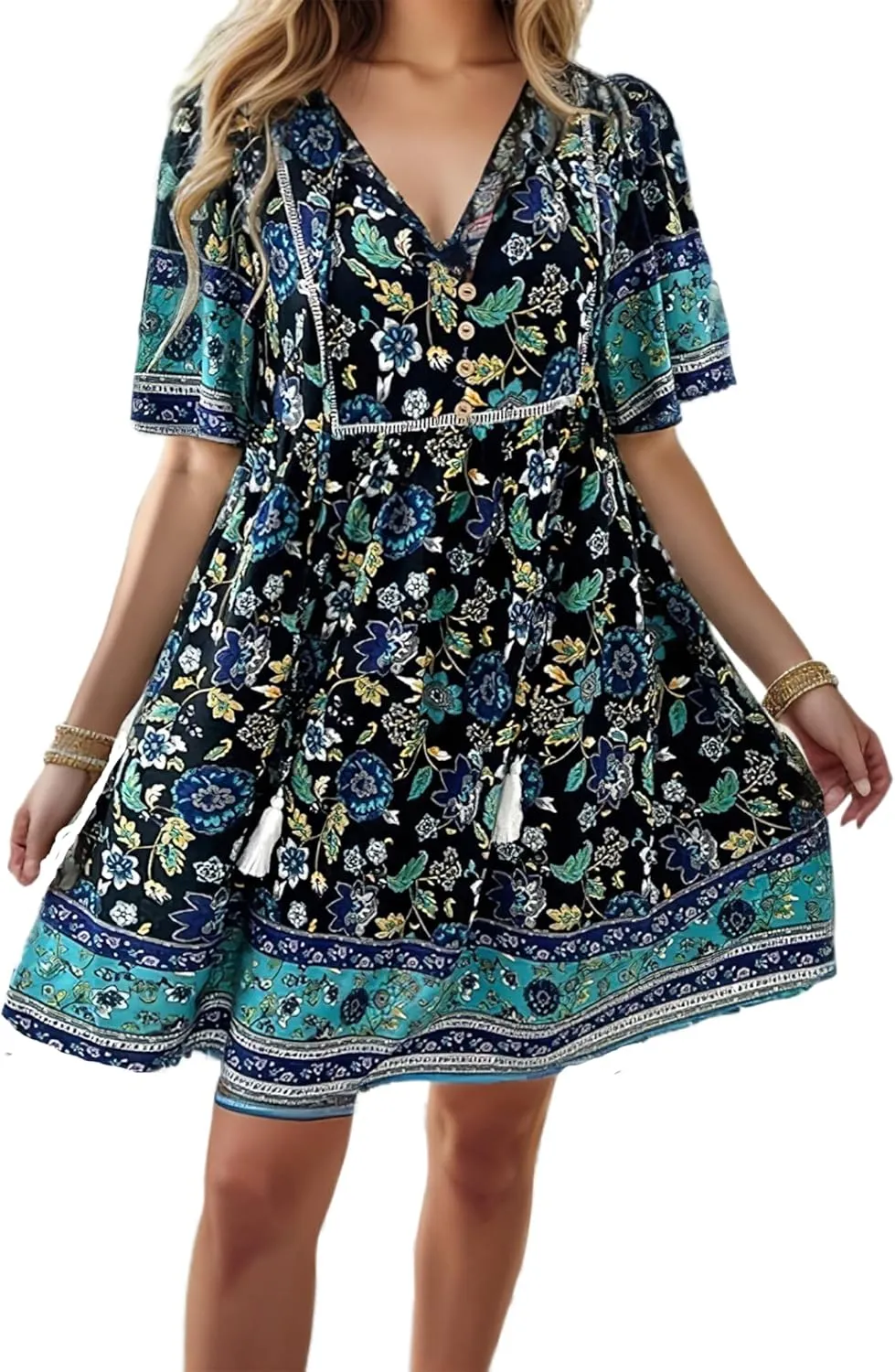 IVERIRMIN Women's Boho Floral Print Short Dress Casual Bohemian V Neck Short Sleeve Beach Vacation Mini Dresses
