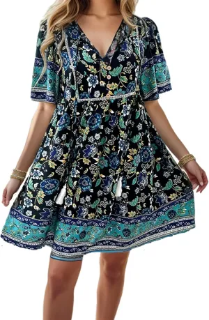 IVERIRMIN Women's Boho Floral Print Short Dress Casual Bohemian V Neck Short Sleeve Beach Vacation Mini Dresses