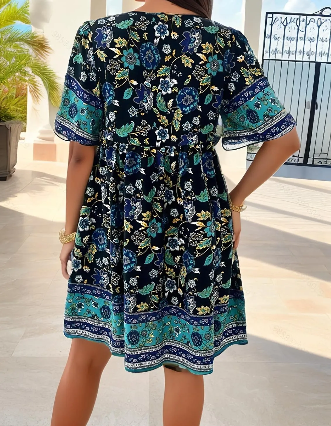 IVERIRMIN Women's Boho Floral Print Short Dress Casual Bohemian V Neck Short Sleeve Beach Vacation Mini Dresses