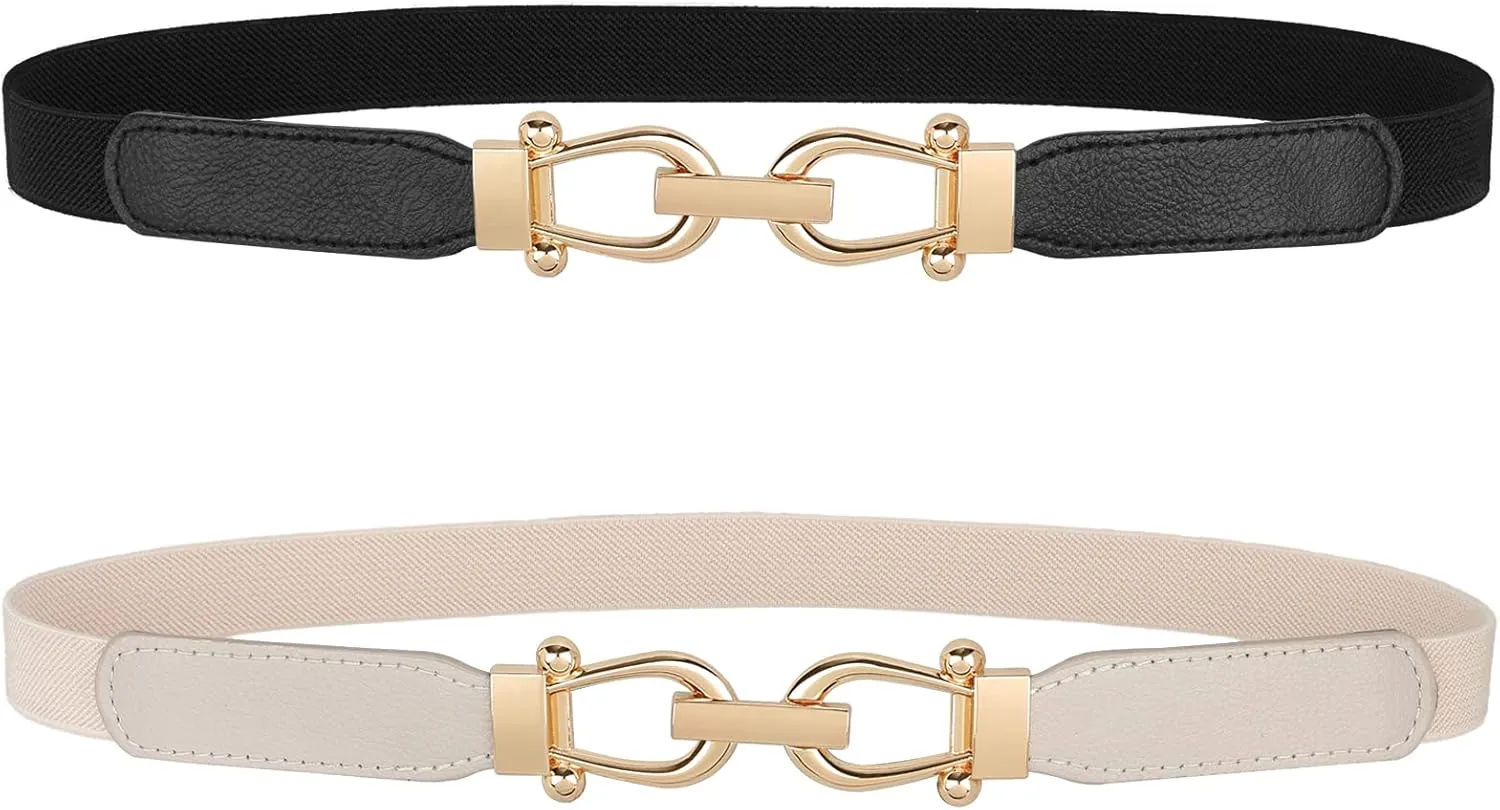 JASGOOD Women Skinny Elastic Belt for Dresses,Thin Retro Stretch Waist Belt with Golden Buckle
