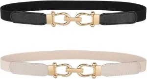 JASGOOD Women Skinny Elastic Belt for Dresses,Thin Retro Stretch Waist Belt with Golden Buckle