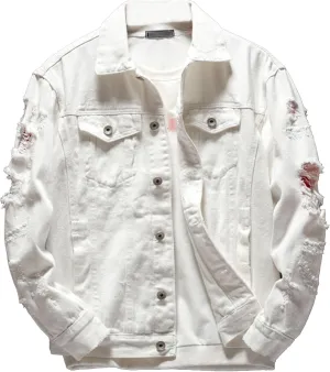JEKE-DG Men's Ripped Distressed Biker Denim Jacket Casual Loose Fit Jean Jacket Fashion Long Sleeve Ourdoor Jean Coat