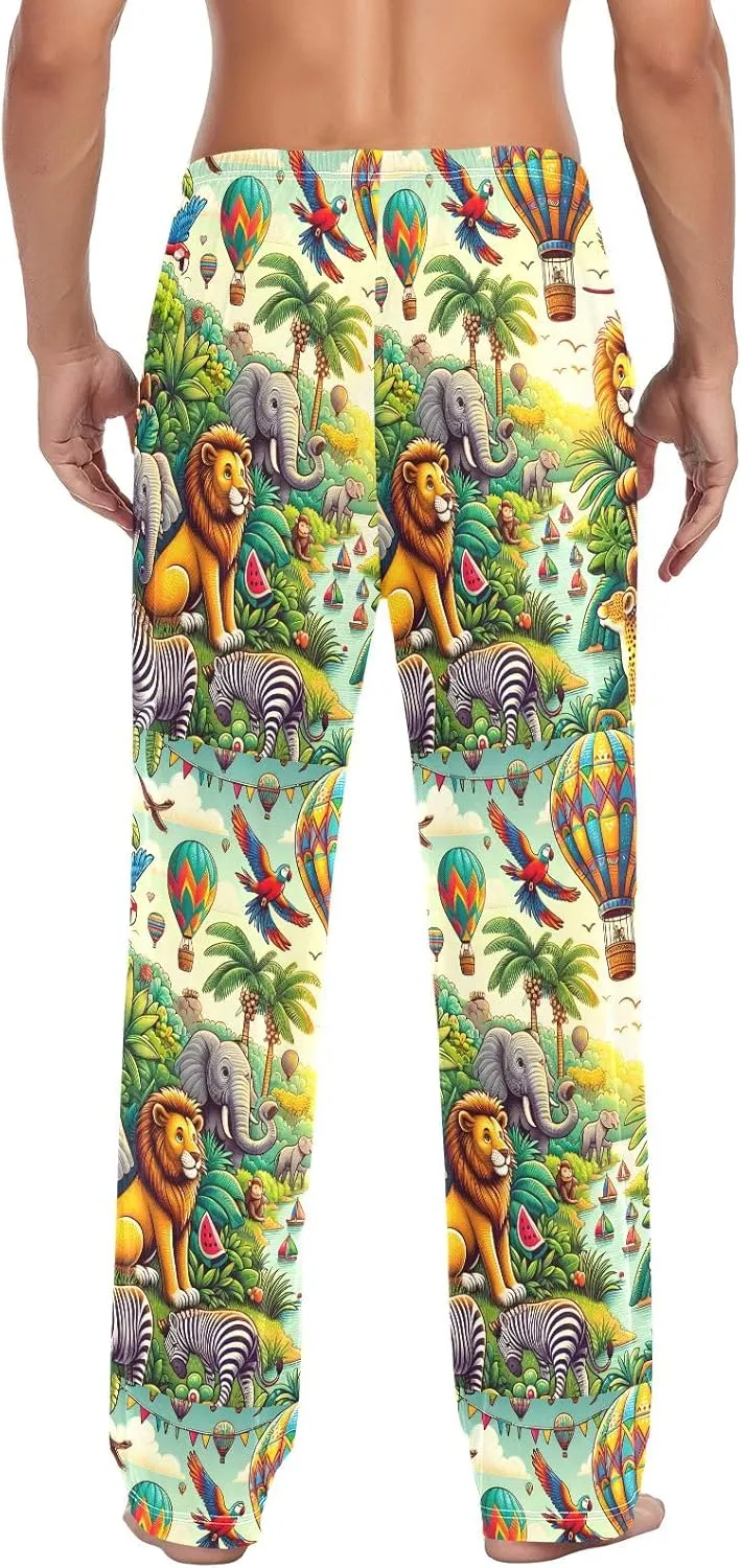 Jungle Animals and Hot Air Balloon Men's Pajama Pants Lightweight Sleepwear Bottom Lounge Pants