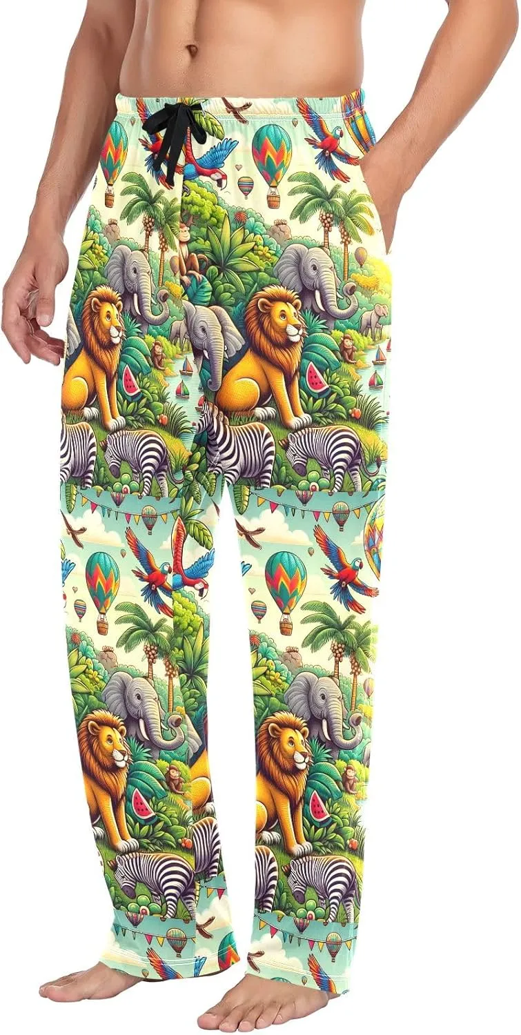 Jungle Animals and Hot Air Balloon Men's Pajama Pants Lightweight Sleepwear Bottom Lounge Pants