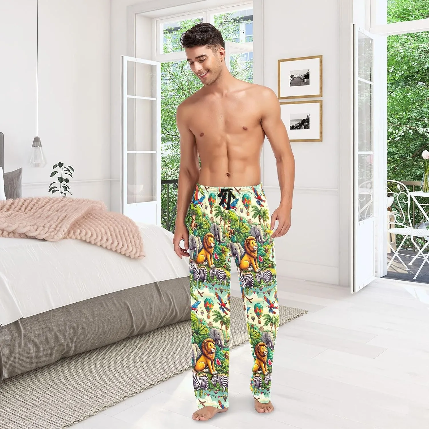Jungle Animals and Hot Air Balloon Men's Pajama Pants Lightweight Sleepwear Bottom Lounge Pants