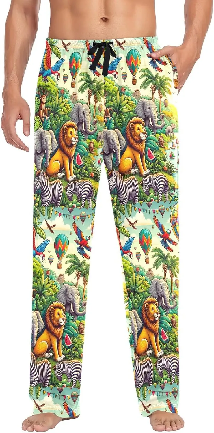 Jungle Animals and Hot Air Balloon Men's Pajama Pants Lightweight Sleepwear Bottom Lounge Pants