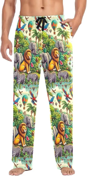 Jungle Animals and Hot Air Balloon Men's Pajama Pants Lightweight Sleepwear Bottom Lounge Pants