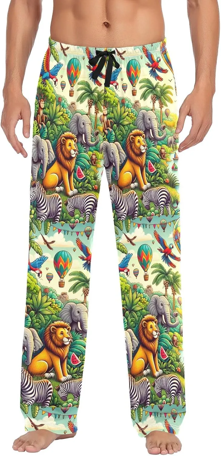 Jungle Animals and Hot Air Balloon Men's Pajama Pants Lightweight Sleepwear Bottom Lounge Pants