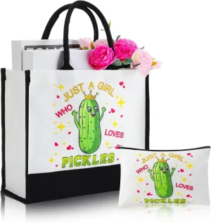 Kacctyen Pickle Gifts for Women Pickle Canvas Tote Bags Portable Cosmetic Bags Makeup Zipper Pouch and Canvas for Woman Daughter Sister Teenagers Friend Shopping Gym