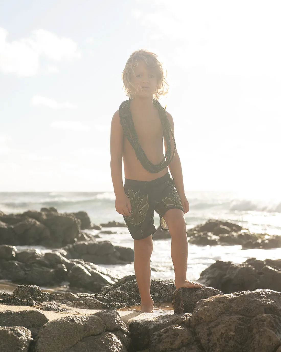Kaikanialea Boys Boardies | Stretchy & Adjustable Waistband, Quick-Drying | Made from Regenerated Ocean Waste | Ullu Eleele