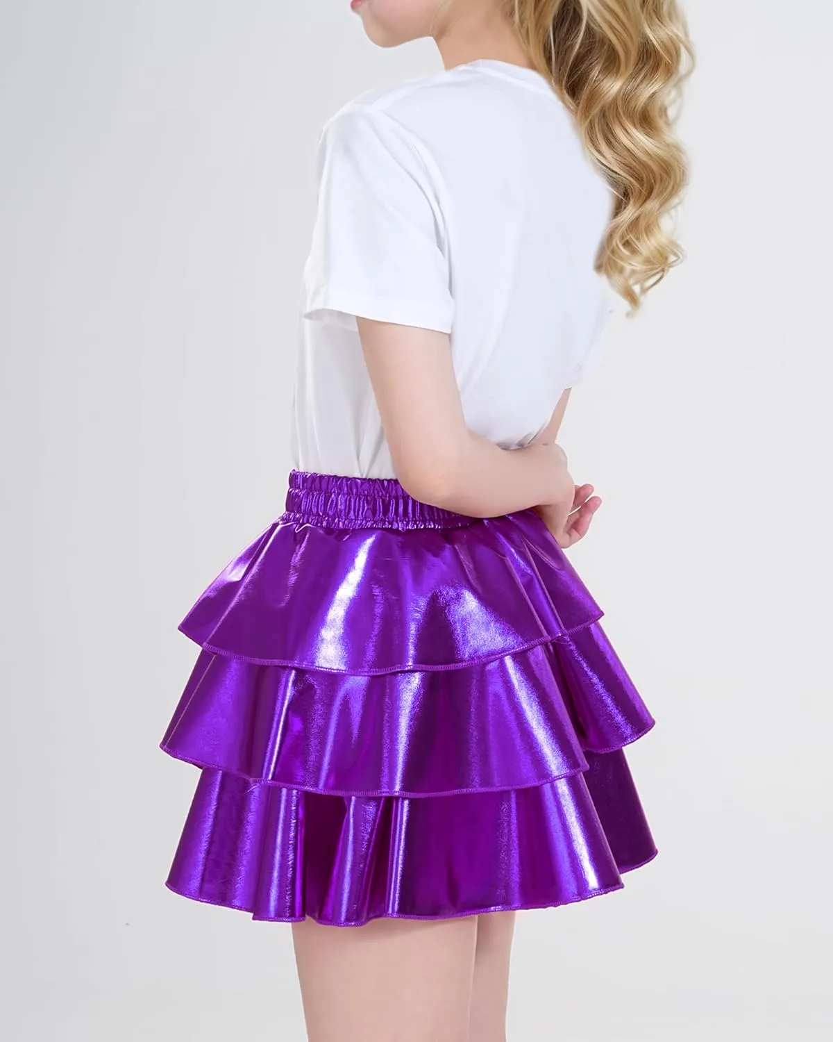 KEREDA Girls Metallic Skirt 3-Layer Ruffle Kids Sparkly Skirt for Girls 6-14 Y