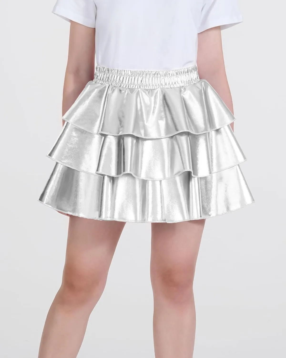 KEREDA Girls Metallic Skirt 3-Layer Ruffle Kids Sparkly Skirt for Girls 6-14 Y