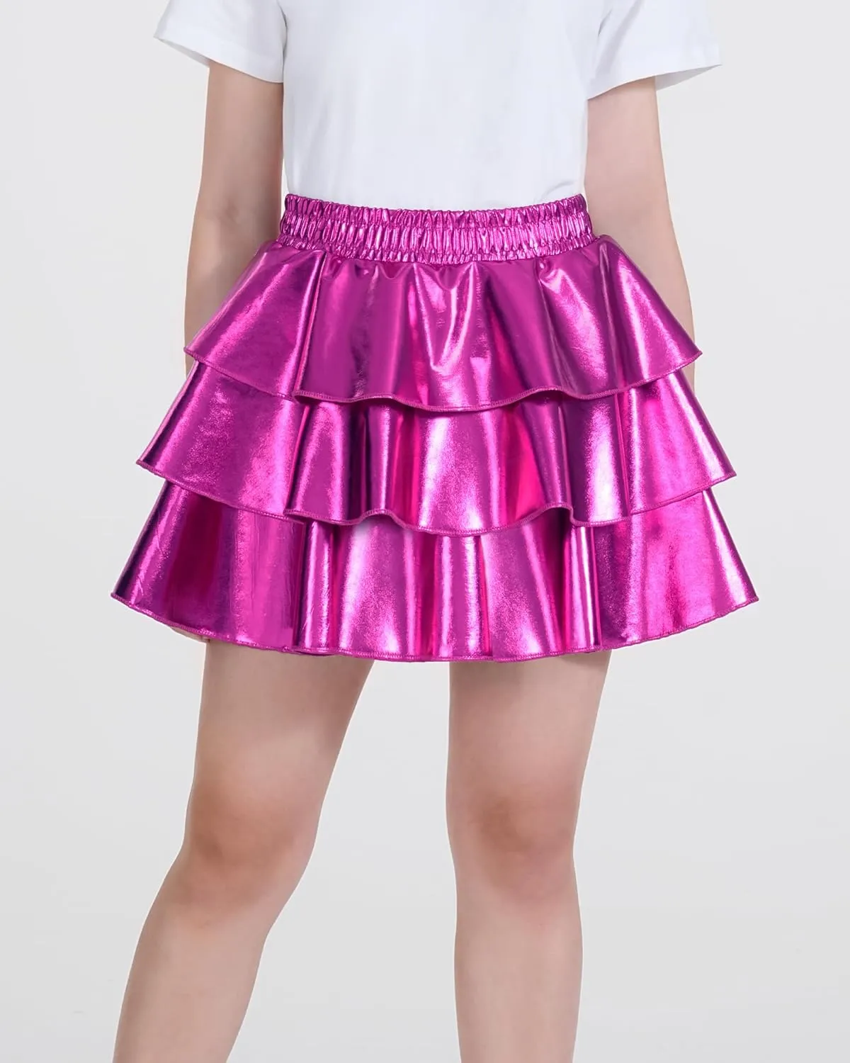 KEREDA Girls Metallic Skirt 3-Layer Ruffle Kids Sparkly Skirt for Girls 6-14 Y