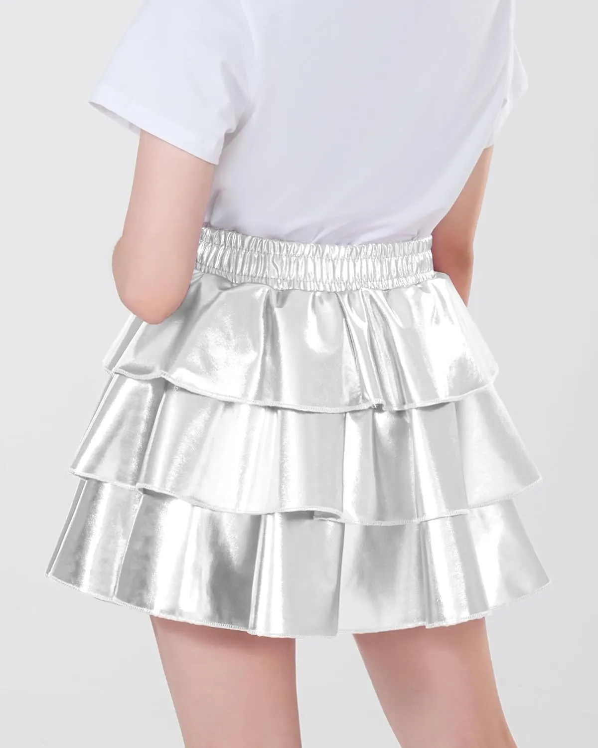 KEREDA Girls Metallic Skirt 3-Layer Ruffle Kids Sparkly Skirt for Girls 6-14 Y