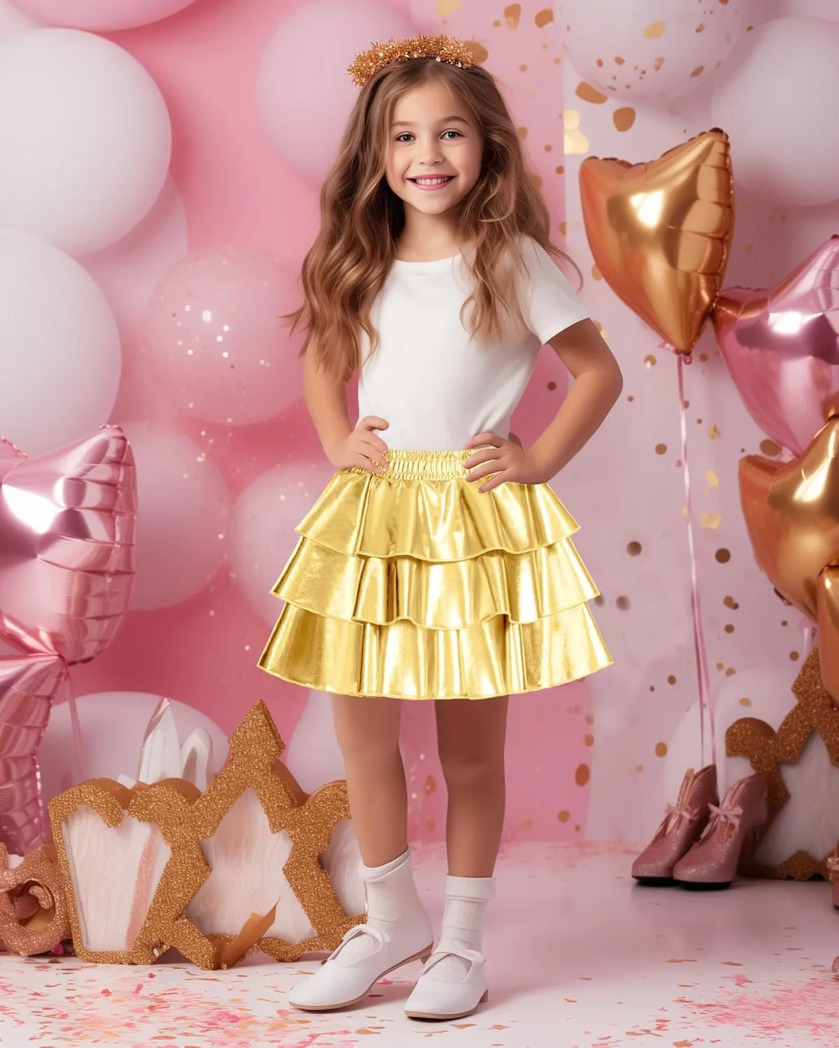 KEREDA Girls Metallic Skirt 3-Layer Ruffle Kids Sparkly Skirt for Girls 6-14 Y