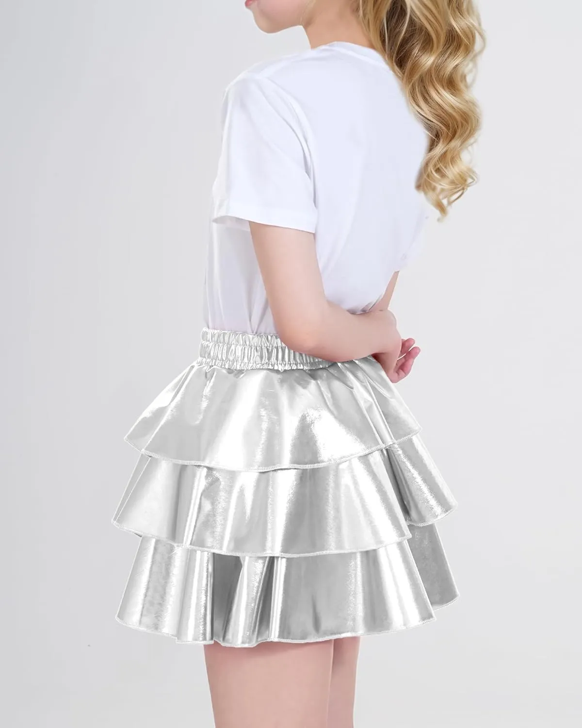 KEREDA Girls Metallic Skirt 3-Layer Ruffle Kids Sparkly Skirt for Girls 6-14 Y