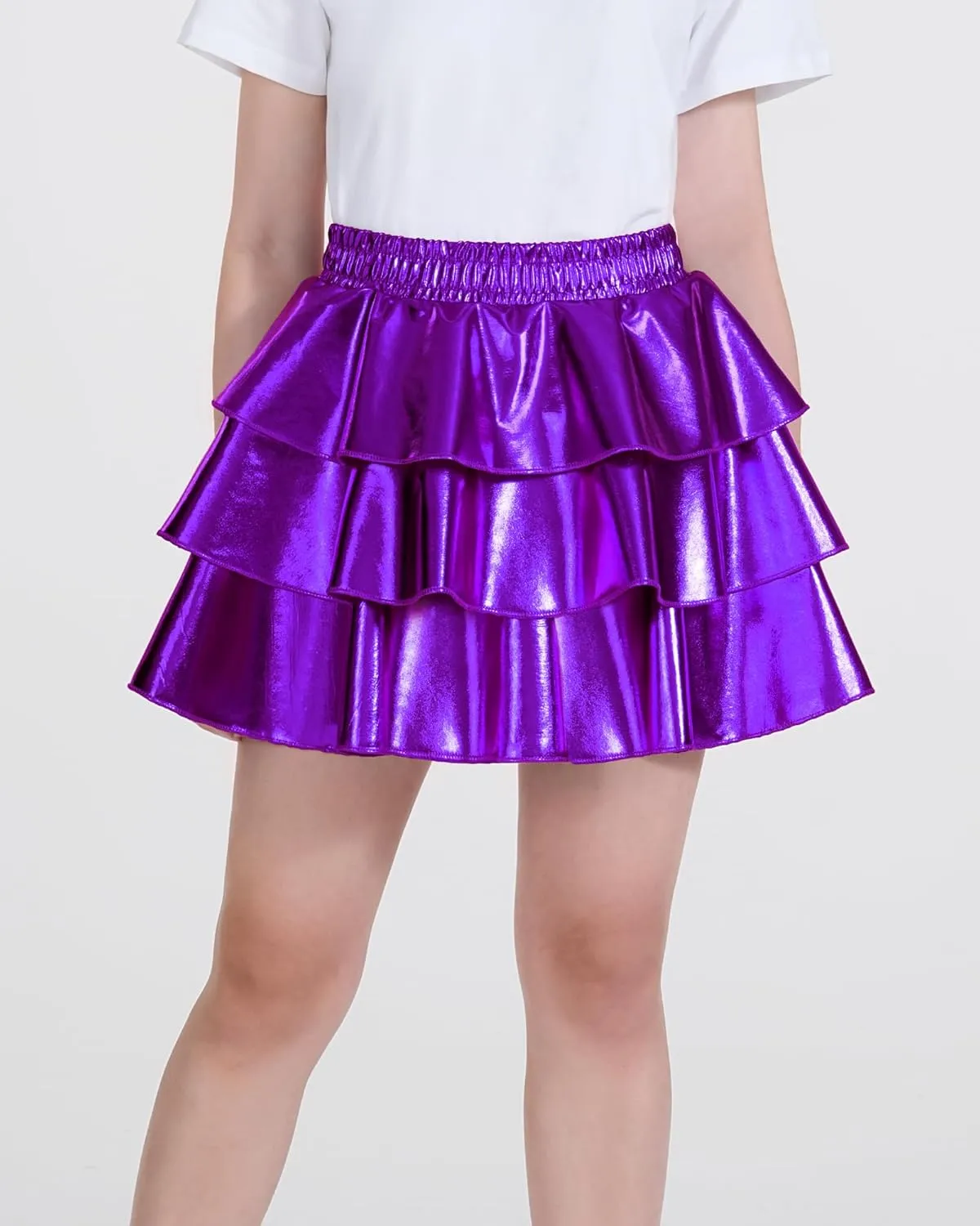 KEREDA Girls Metallic Skirt 3-Layer Ruffle Kids Sparkly Skirt for Girls 6-14 Y
