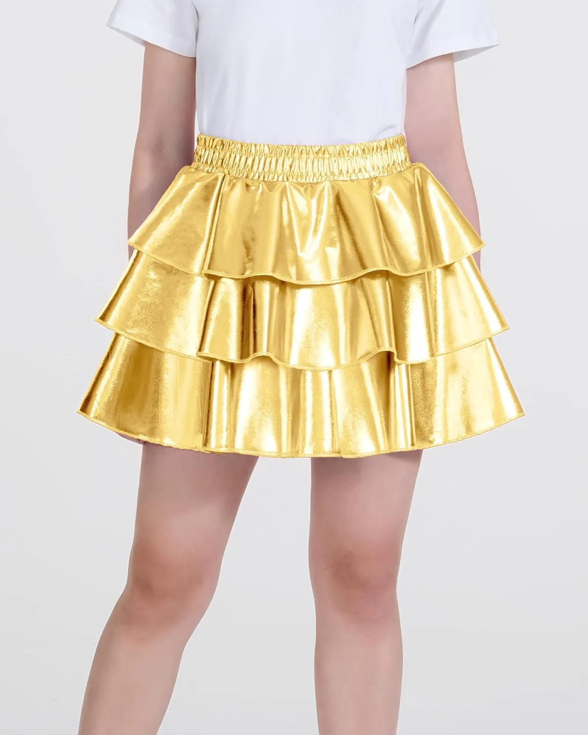 KEREDA Girls Metallic Skirt 3-Layer Ruffle Kids Sparkly Skirt for Girls 6-14 Y