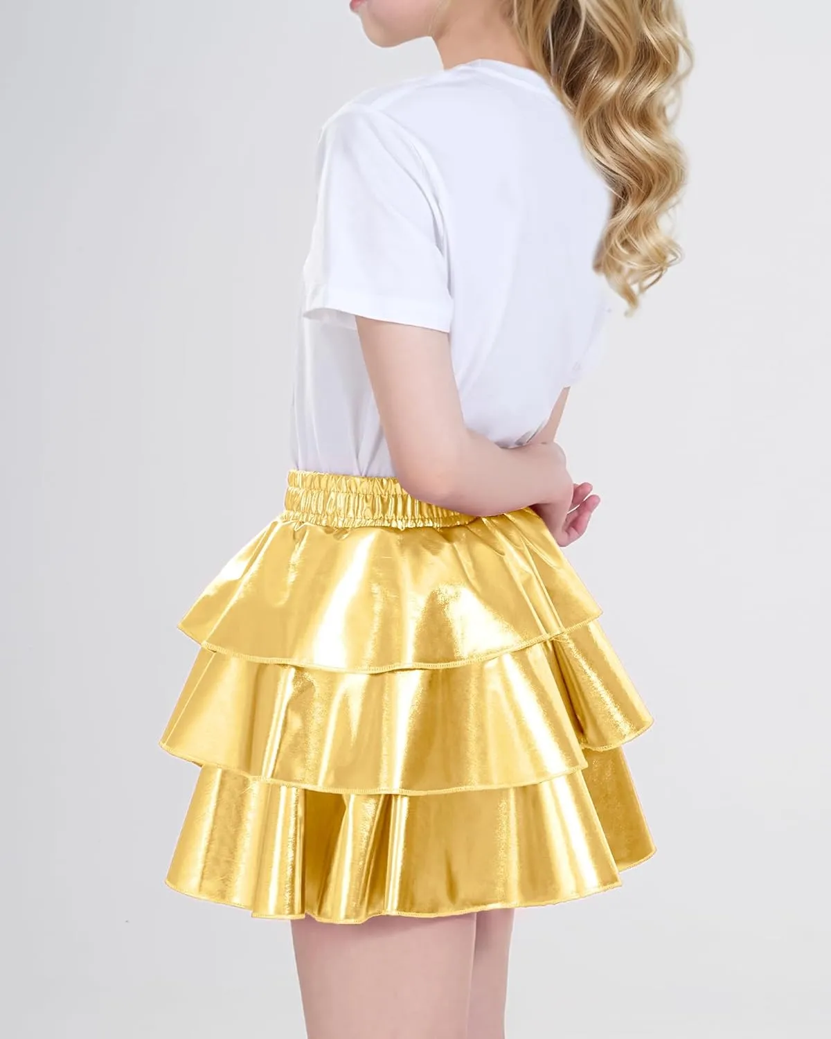 KEREDA Girls Metallic Skirt 3-Layer Ruffle Kids Sparkly Skirt for Girls 6-14 Y