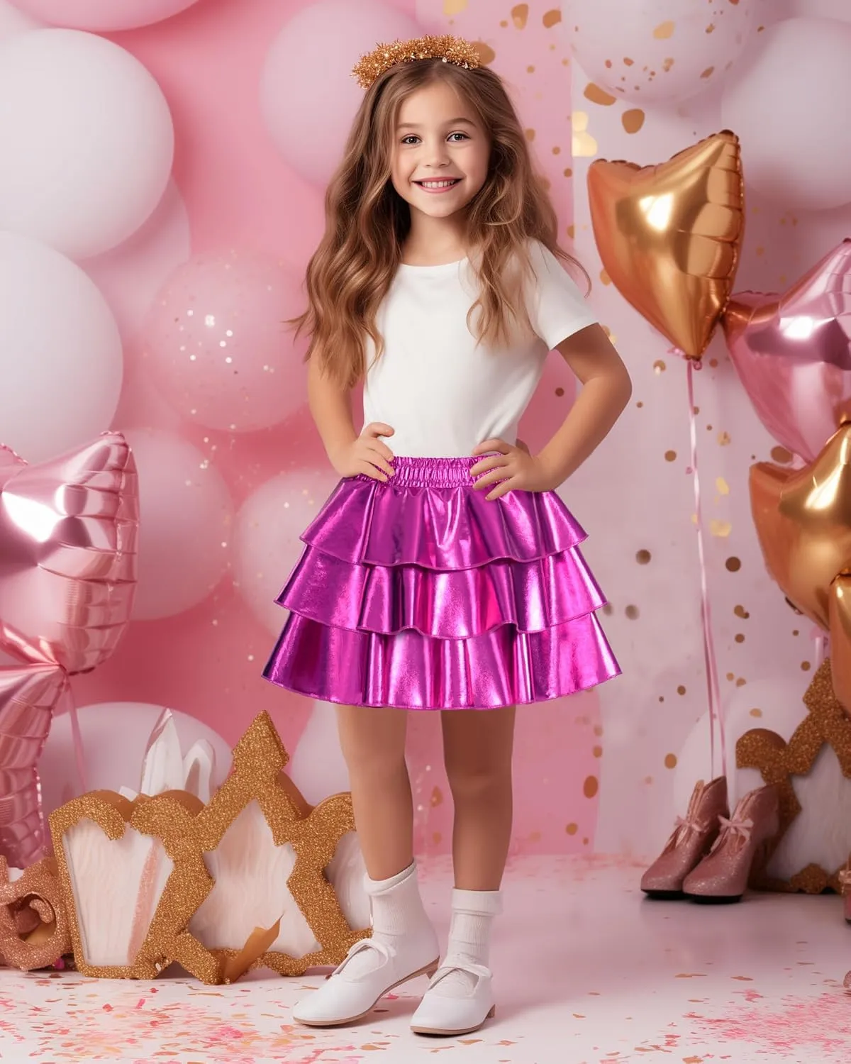 KEREDA Girls Metallic Skirt 3-Layer Ruffle Kids Sparkly Skirt for Girls 6-14 Y