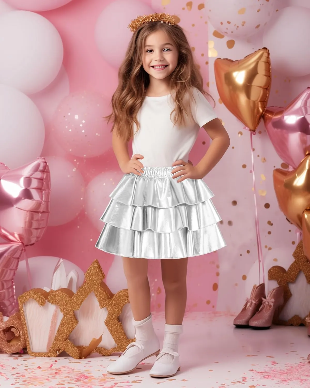 KEREDA Girls Metallic Skirt 3-Layer Ruffle Kids Sparkly Skirt for Girls 6-14 Y