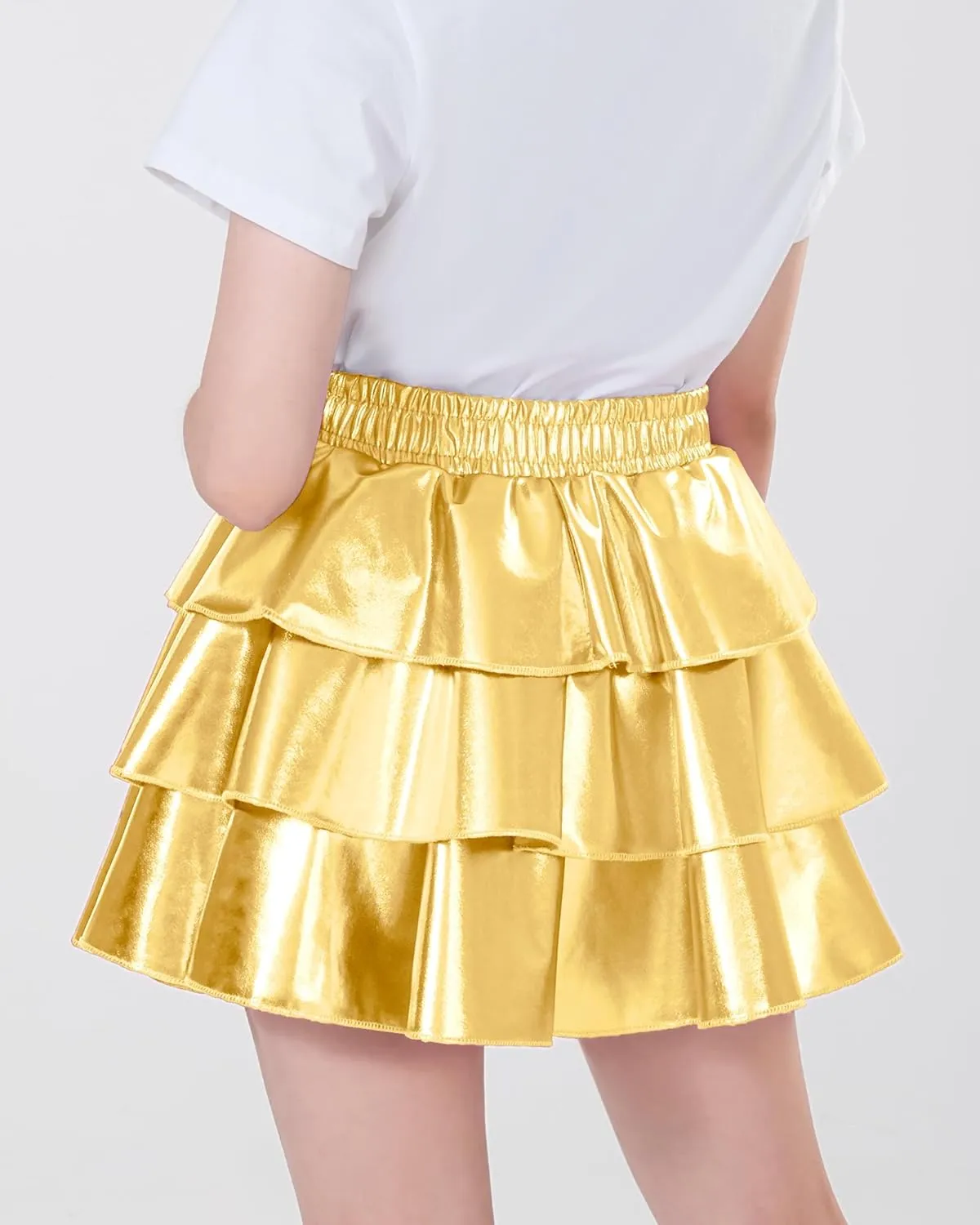 KEREDA Girls Metallic Skirt 3-Layer Ruffle Kids Sparkly Skirt for Girls 6-14 Y