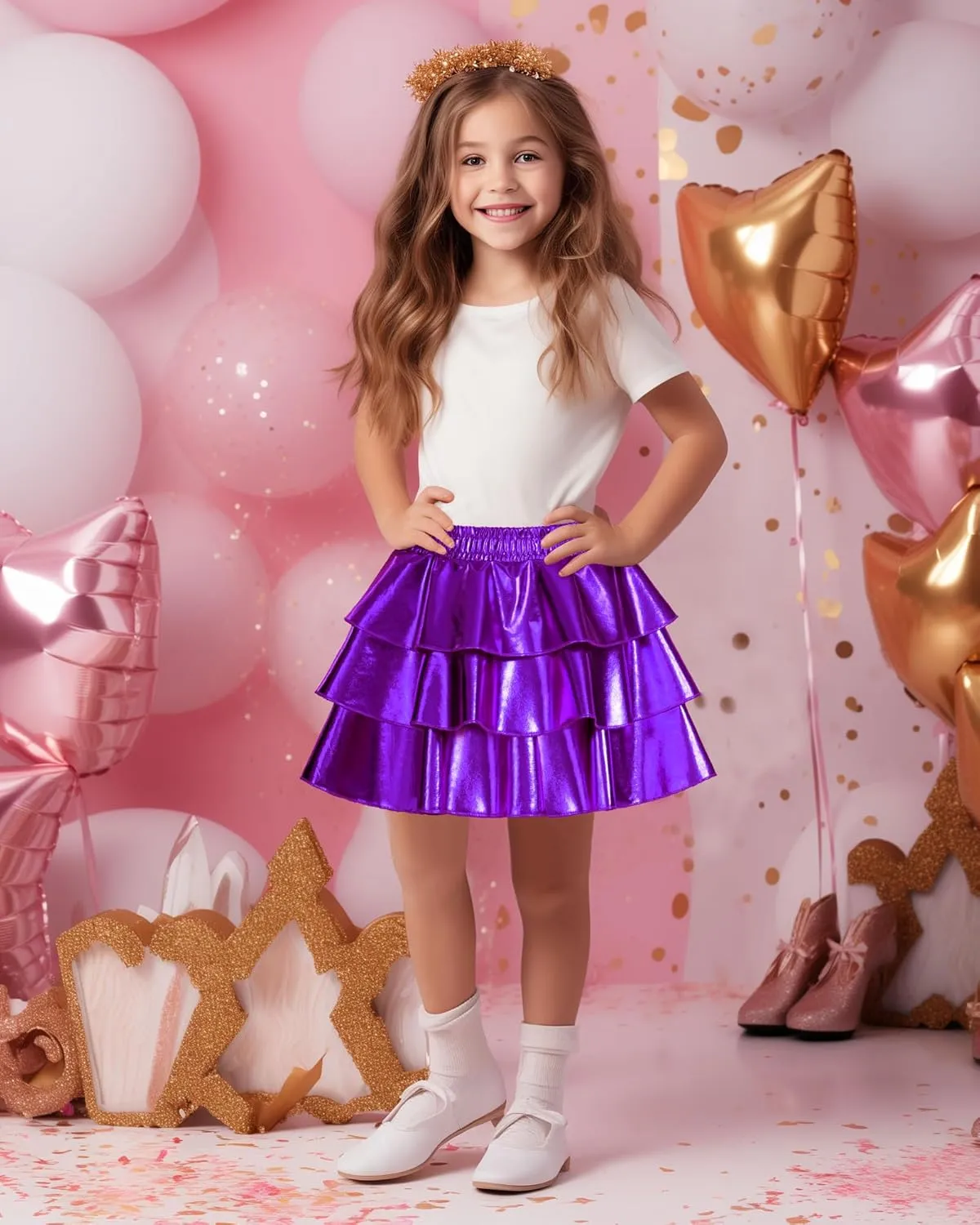 KEREDA Girls Metallic Skirt 3-Layer Ruffle Kids Sparkly Skirt for Girls 6-14 Y