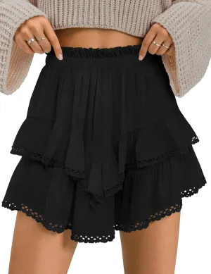 Kissonic Flowy Shorts for Women Cute Ruffle Tiered Skorts Elastic High Waisted Casual Beach Mini Skirt