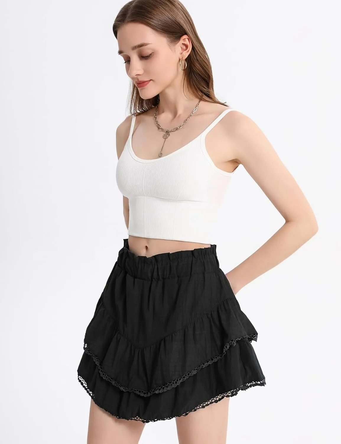 Kissonic Flowy Shorts for Women Cute Ruffle Tiered Skorts Elastic High Waisted Casual Beach Mini Skirt