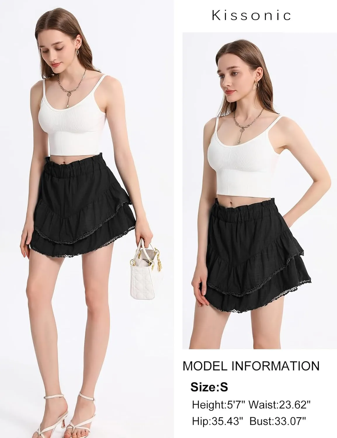 Kissonic Flowy Shorts for Women Cute Ruffle Tiered Skorts Elastic High Waisted Casual Beach Mini Skirt