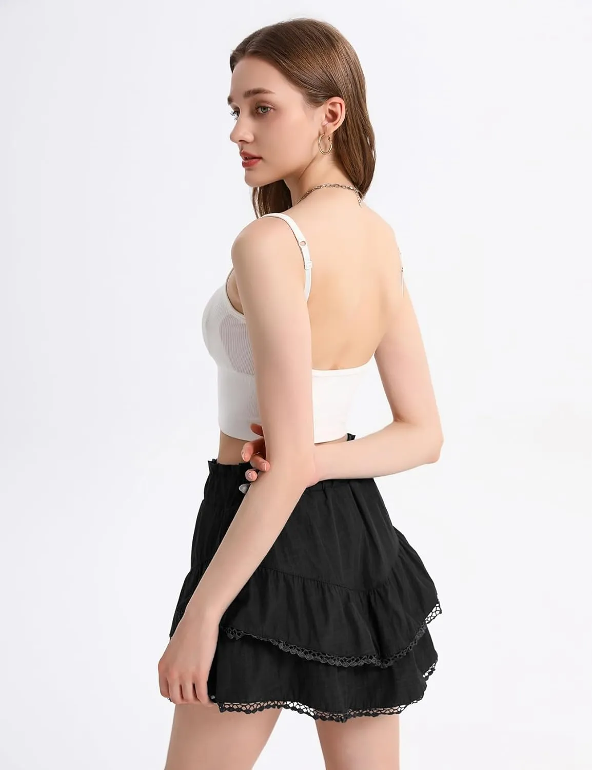 Kissonic Flowy Shorts for Women Cute Ruffle Tiered Skorts Elastic High Waisted Casual Beach Mini Skirt