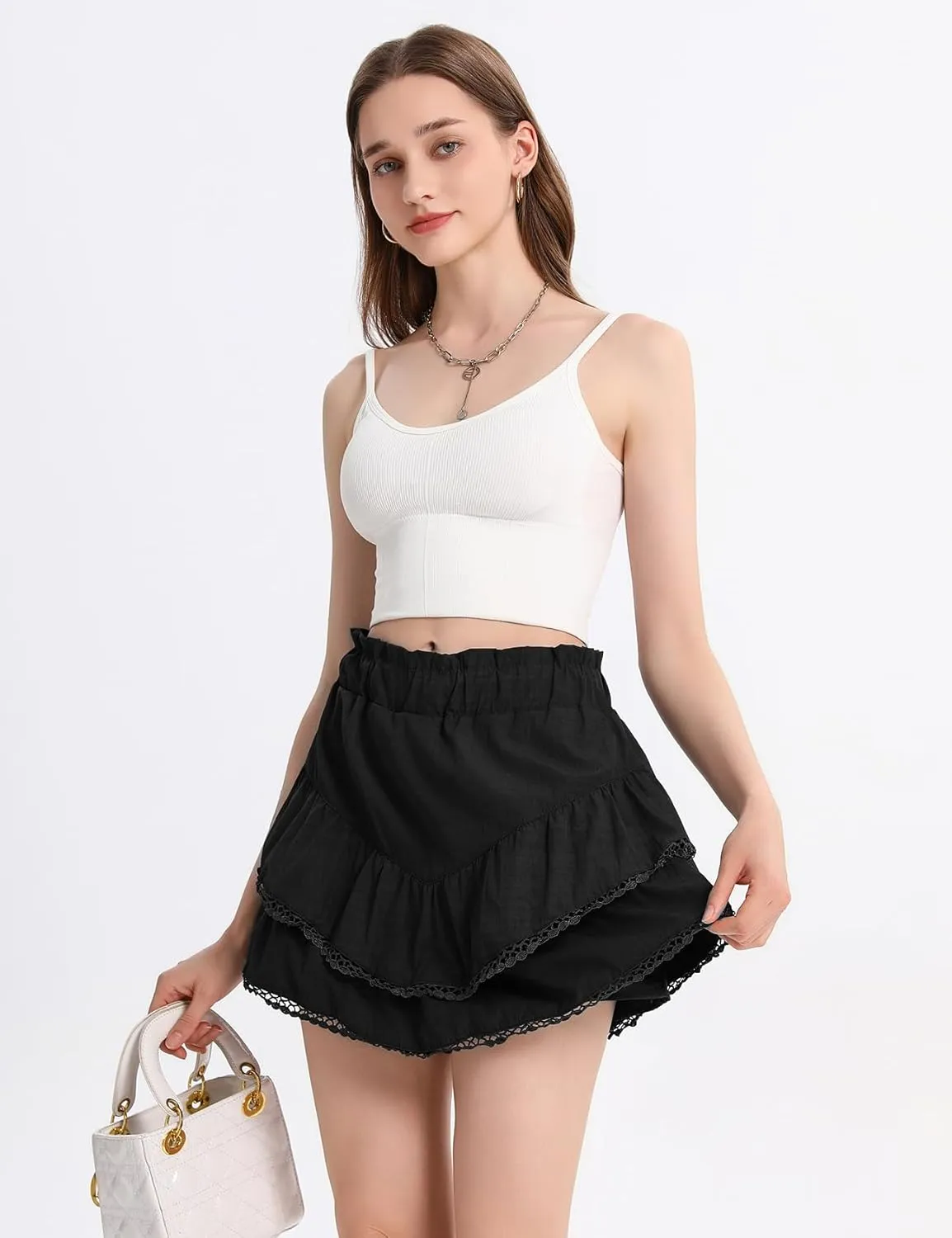 Kissonic Flowy Shorts for Women Cute Ruffle Tiered Skorts Elastic High Waisted Casual Beach Mini Skirt