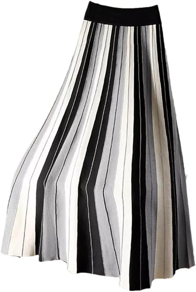 Knitted Long Skirt for Women Fall Winter Contrast Striped A Line High Waist Pleated Midi Skirt