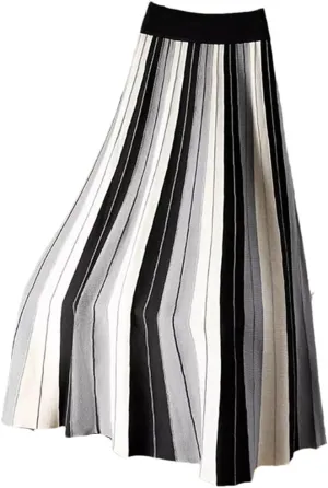 Knitted Long Skirt for Women Fall Winter Contrast Striped A Line High Waist Pleated Midi Skirt