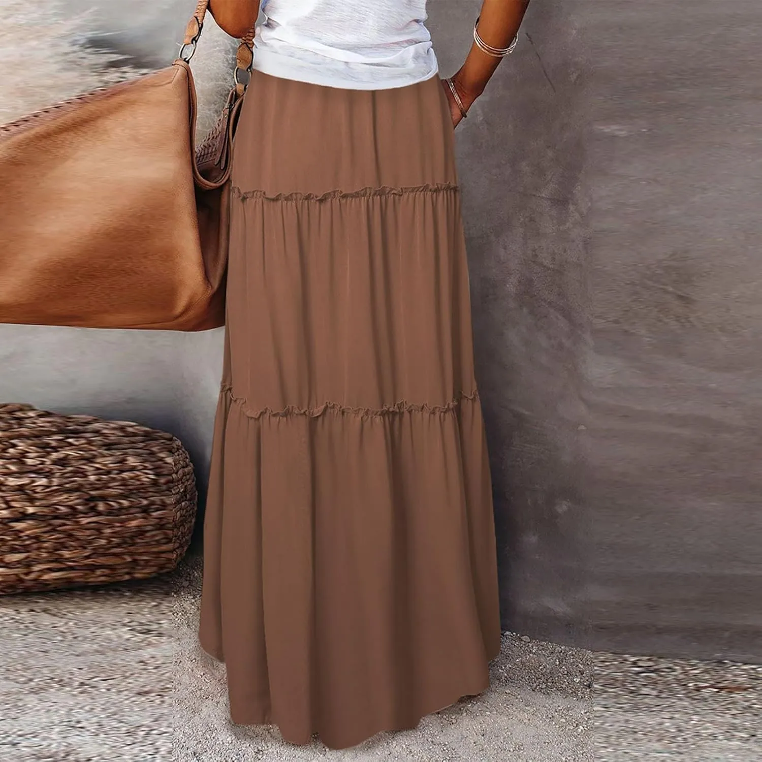KUIOLYPOER Womens Floral Print Boho Maxi Skirt Elastic High Waist Pleated Ruffle Flowy Long Skirts Trendy Tiered Flowy Skirt