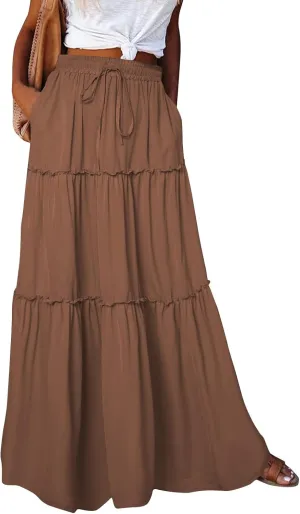 KUIOLYPOER Womens Floral Print Boho Maxi Skirt Elastic High Waist Pleated Ruffle Flowy Long Skirts Trendy Tiered Flowy Skirt