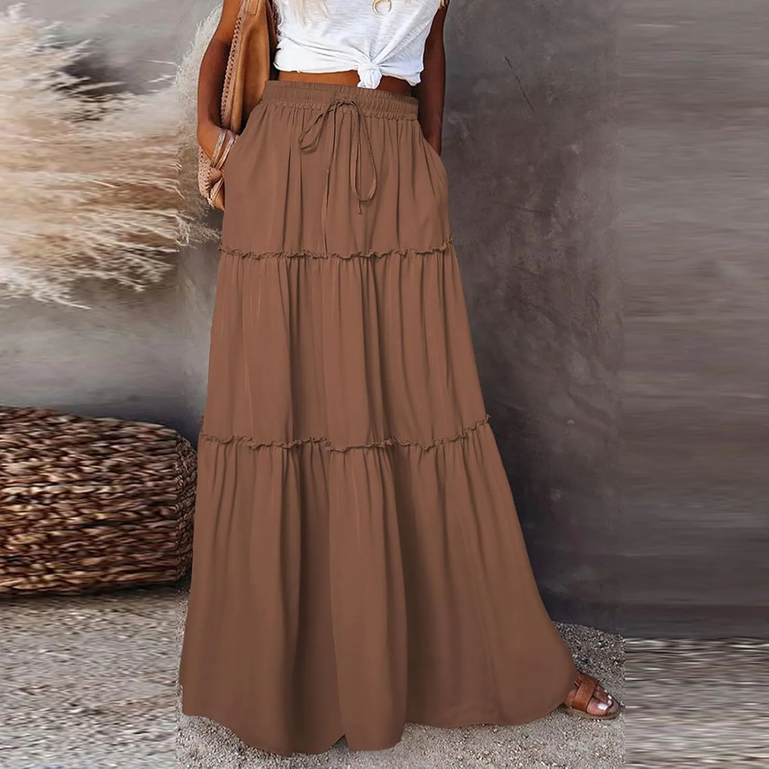 KUIOLYPOER Womens Floral Print Boho Maxi Skirt Elastic High Waist Pleated Ruffle Flowy Long Skirts Trendy Tiered Flowy Skirt