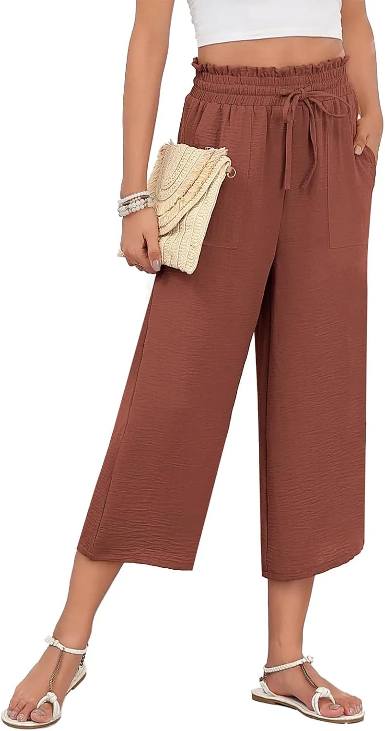 LAOLASI Womens Capri Pants Casual High Waisted Wide Leg Lounge Pants Drawstring Loose Palazzo Pants Trousers with Pockets
