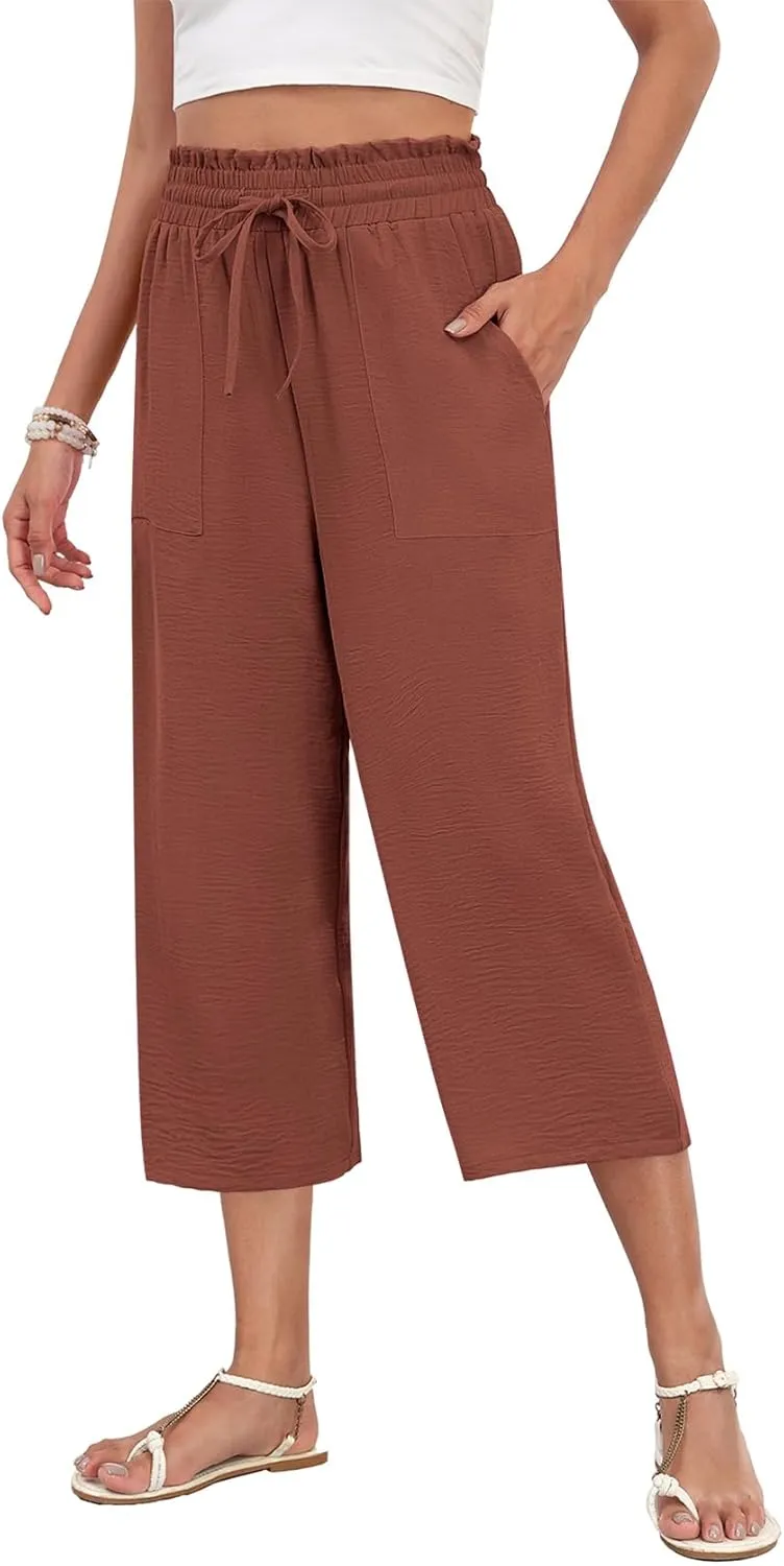 LAOLASI Womens Capri Pants Casual High Waisted Wide Leg Lounge Pants Drawstring Loose Palazzo Pants Trousers with Pockets