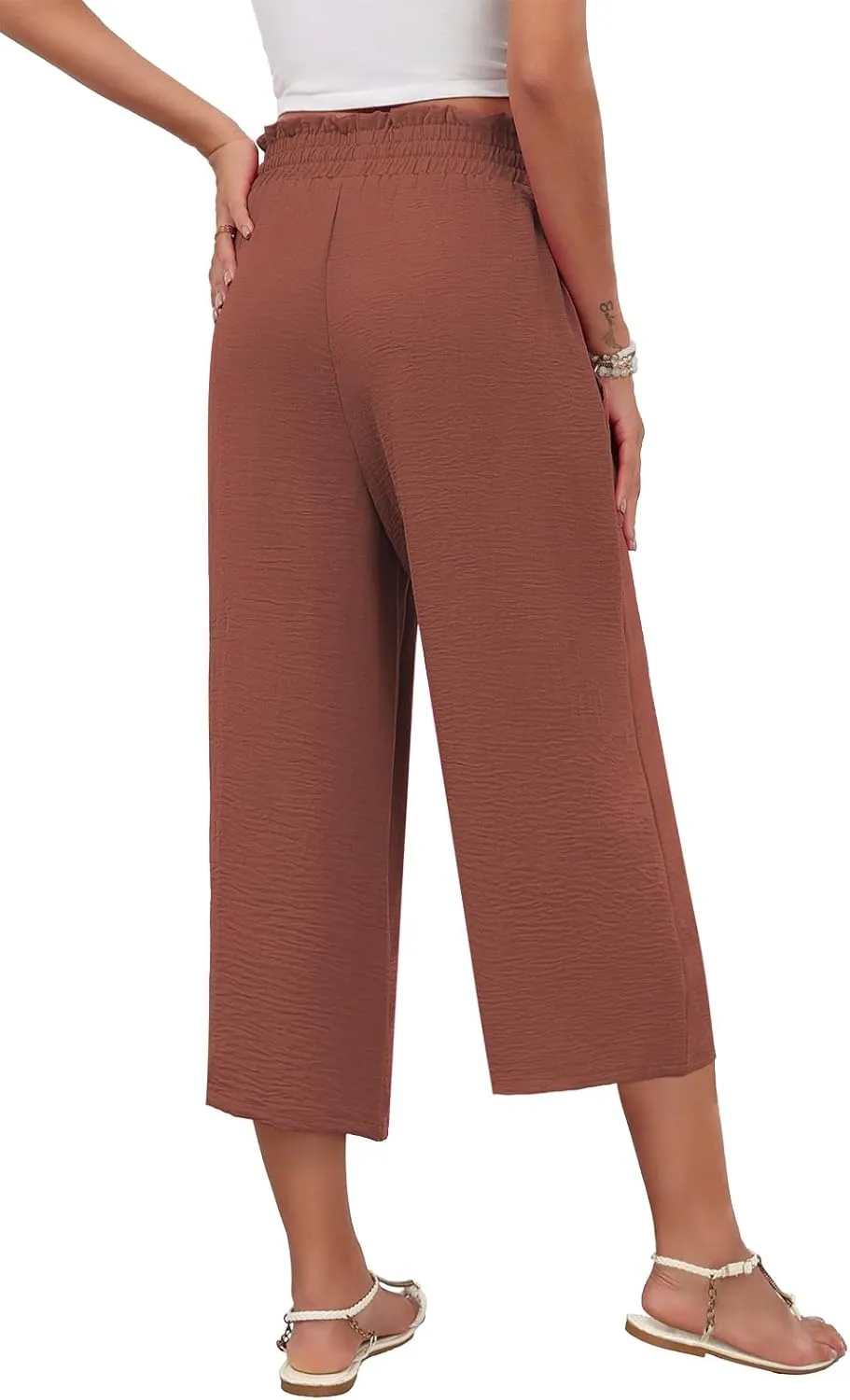 LAOLASI Womens Capri Pants Casual High Waisted Wide Leg Lounge Pants Drawstring Loose Palazzo Pants Trousers with Pockets