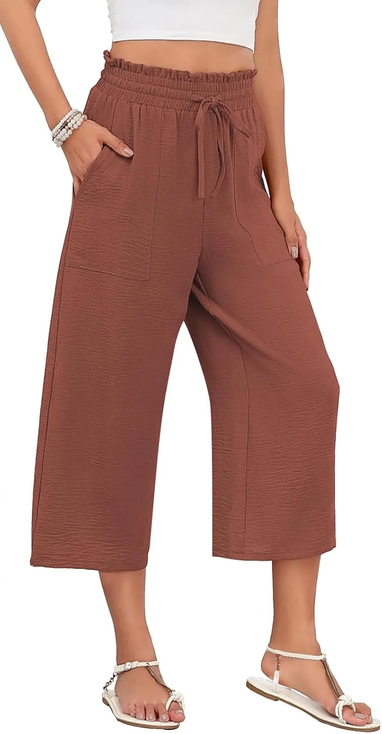 LAOLASI Womens Capri Pants Casual High Waisted Wide Leg Lounge Pants Drawstring Loose Palazzo Pants Trousers with Pockets
