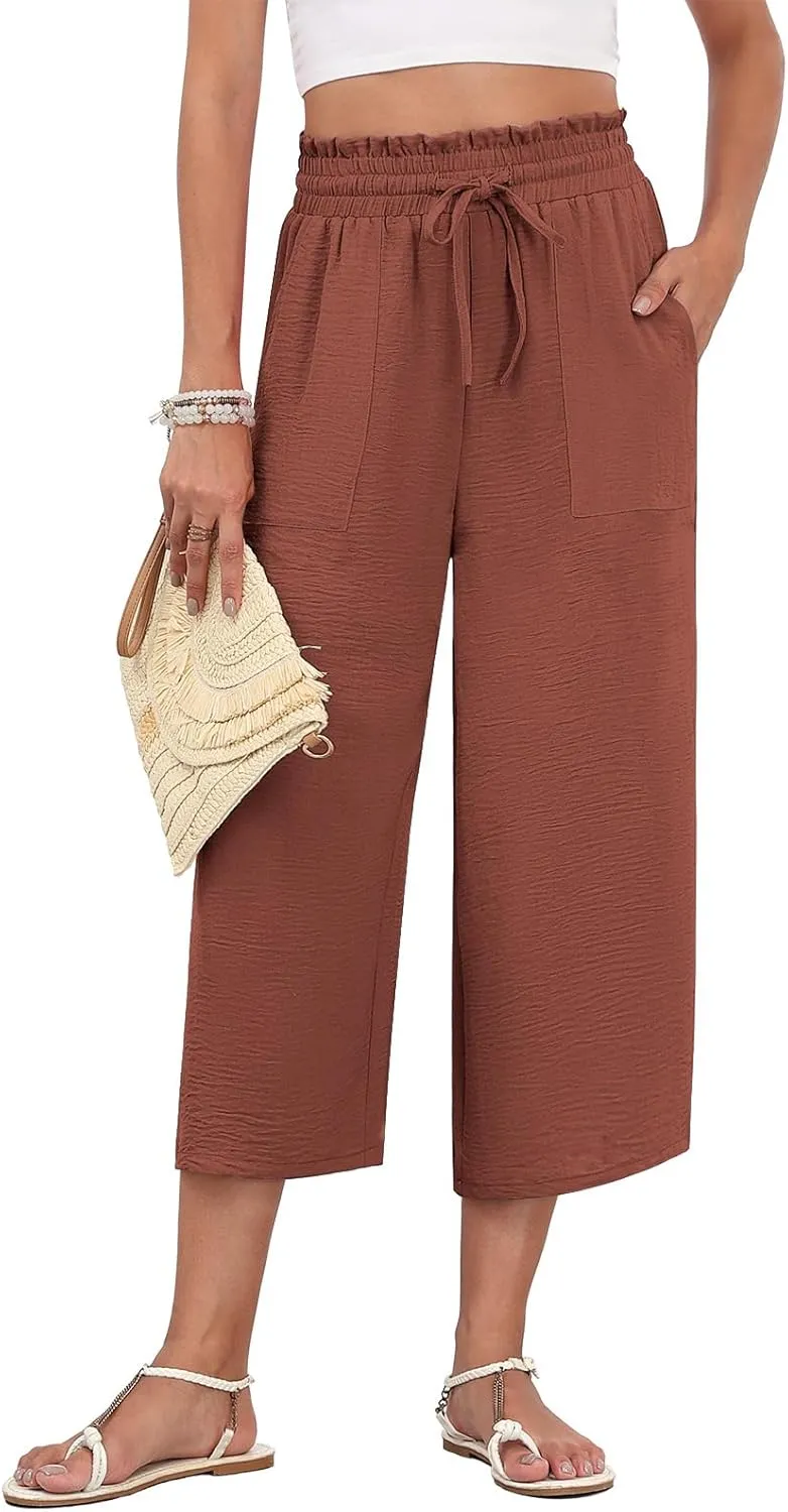 LAOLASI Womens Capri Pants Casual High Waisted Wide Leg Lounge Pants Drawstring Loose Palazzo Pants Trousers with Pockets