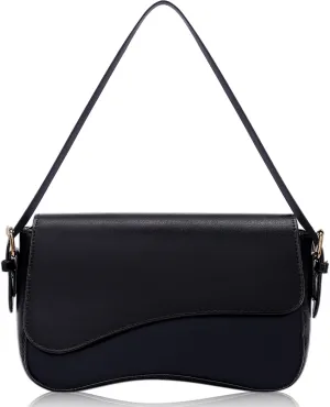 Larcenciel Black Shoulder Bag Leather Purse for Women, Trendy Curved Flap Hobo Handbags with Adjustable Strap & Zipper, Fashion Y2K Crossbody Purse Ladies Clutch for Everyday Travel Work Wedding Party