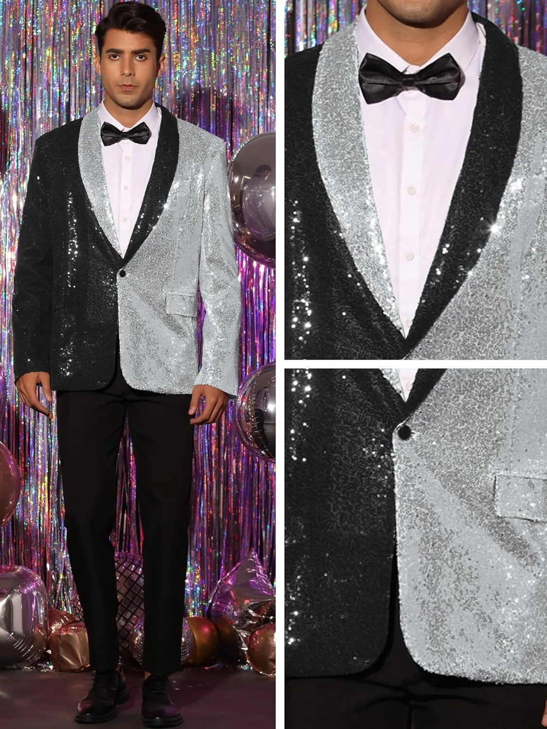 Lars Amadeus Sequin Blazer for Men's Shawl Lapel Party Disco Shinny Color Block Sports Coats